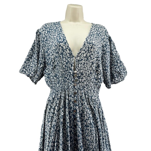 Cleobella Violeta Dress Size M Blue White Print Button Front V-Neck Sundress - Picture 4 of 16